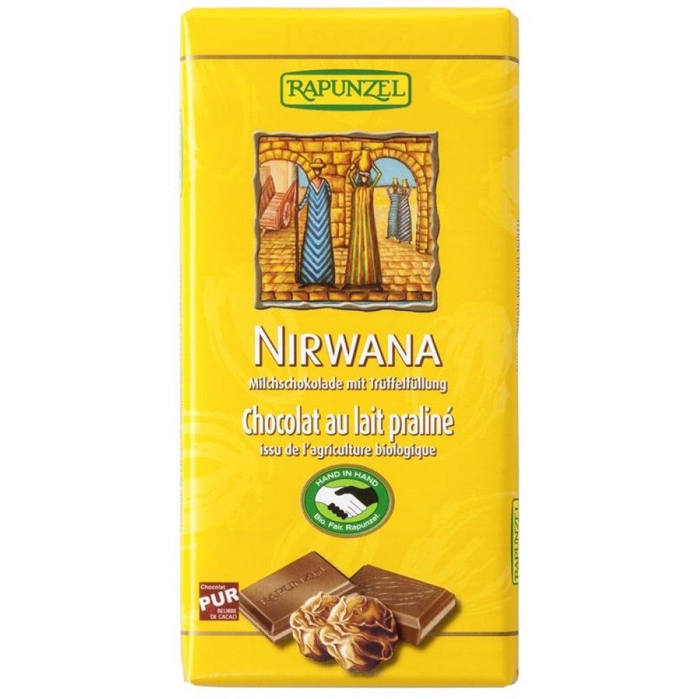 Ciocolata Bio Nirwana cu praline HIH 100g Rapunzel Continut minim de cacao de