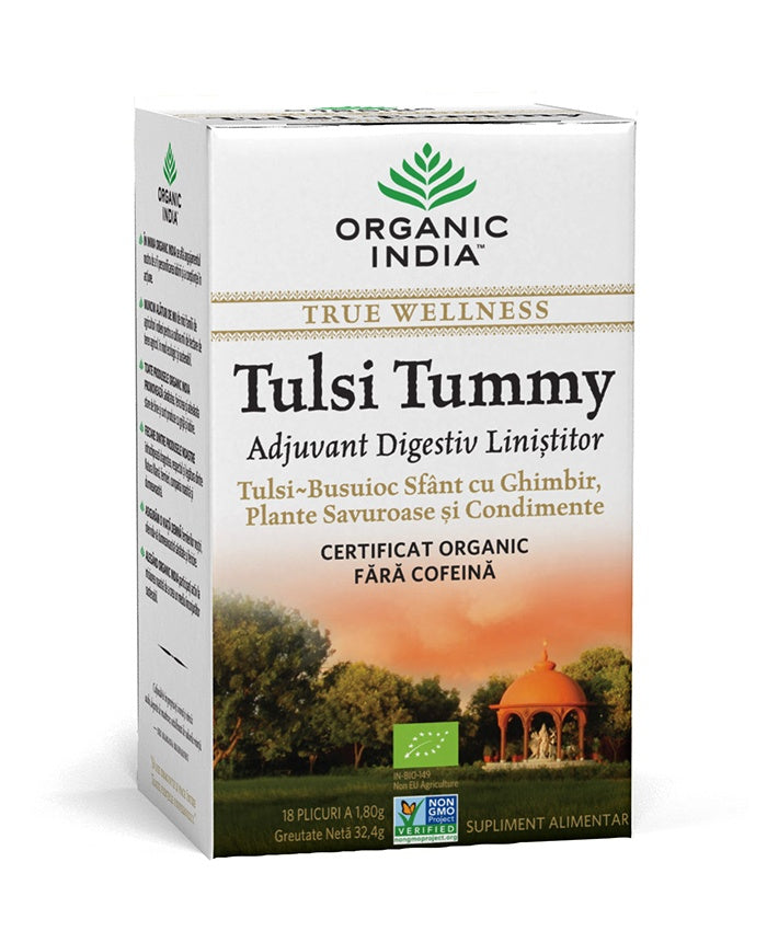 Ceai digestiv tulsi (busuioc sfant) tummy cu ghimbir, plante savuroase si condimente, plicuri