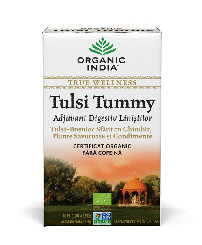 Ceai digestiv tulsi (busuioc sfant) tummy cu ghimbir, plante savuroase si condimente, plicuri