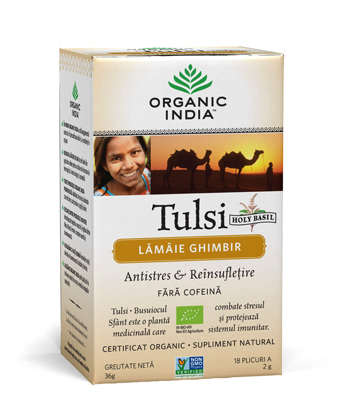 Ceai tulsi (busuioc sfant) cu lamaie si ghimbir - antistres natural & reinsufletire, plicuri