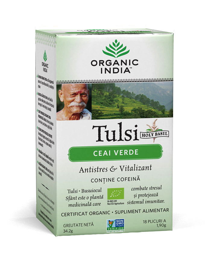 Ceai tulsi (busuioc sfant) cu ceai verde - antistres natural & vitalizant, plicuri
