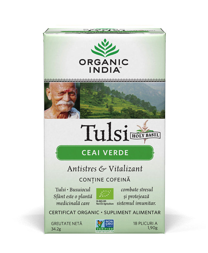 Ceai tulsi (busuioc sfant) cu ceai verde - antistres natural & vitalizant, plicuri