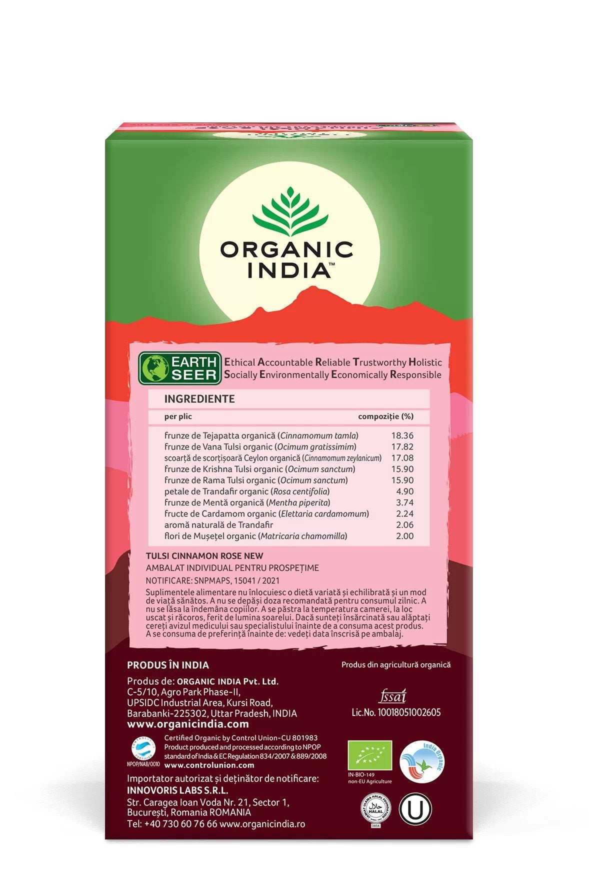 Ceai adaptogen tulsi scortisoara ceylon si trandafir, bio, 25 plicuri, organic india