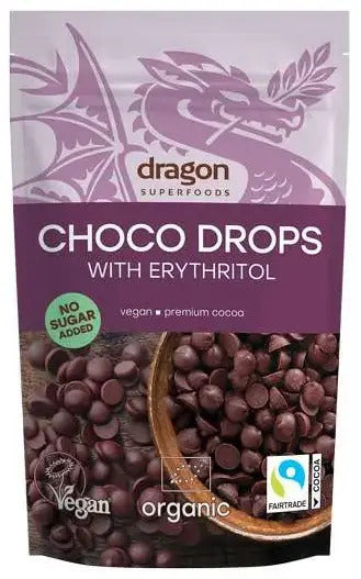  Choco drops cu erythritol, bio, 200g, Dragon Superfoods                                                               
