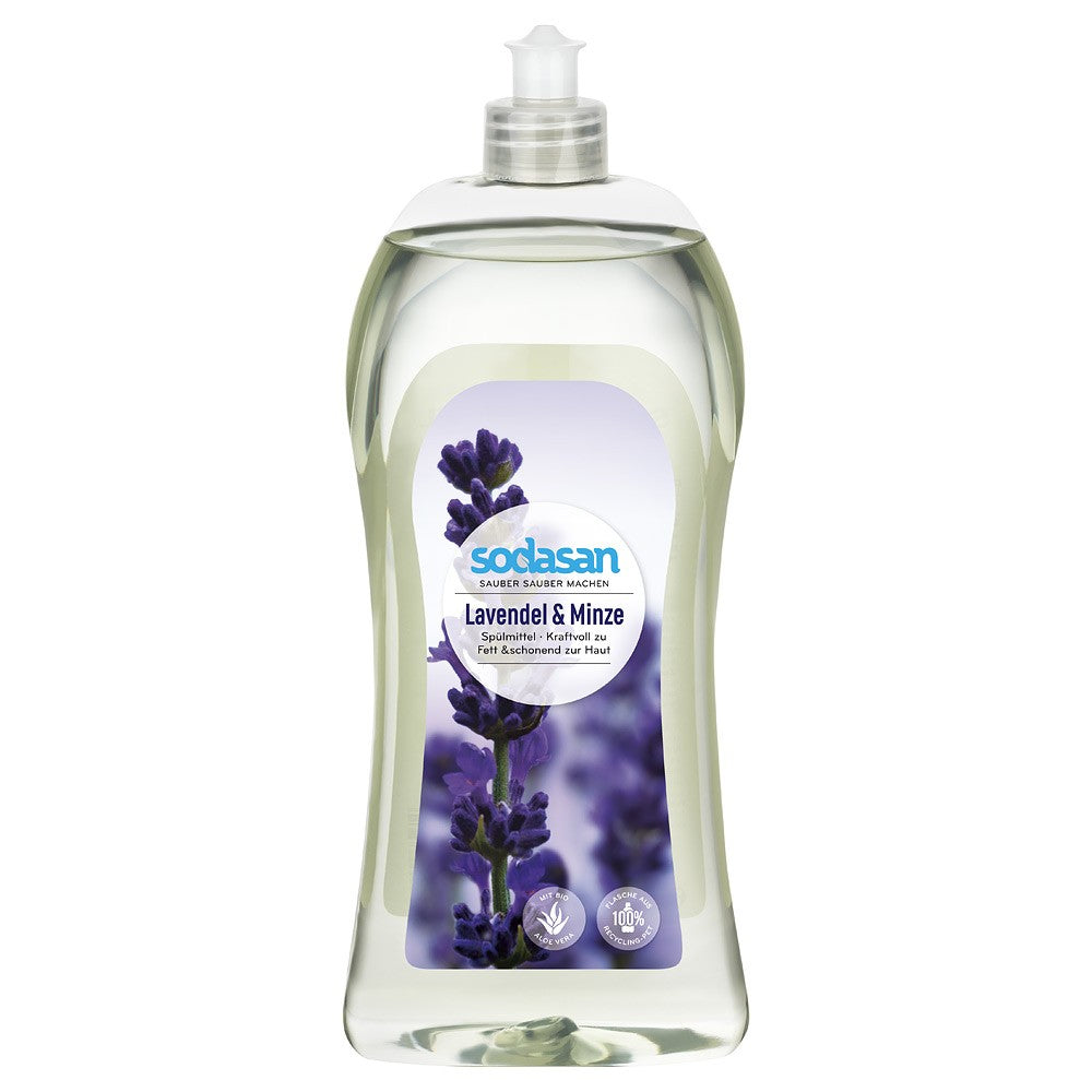 Detergent vase lichid 1L Sodasan lavanda menta eticheta mov-alb capac transparent.