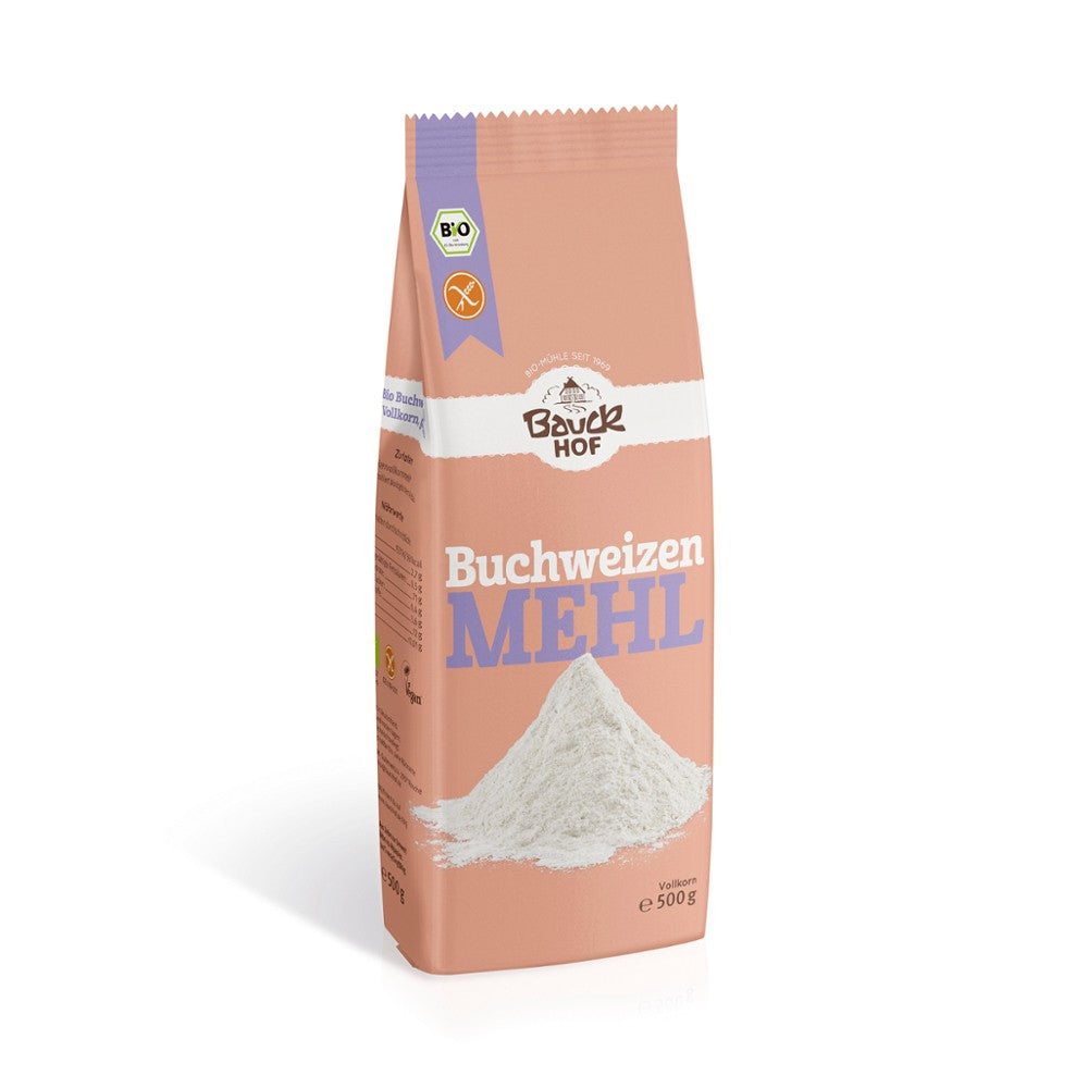 Făină integrală de hrișcă fără gluten 500g BauckHof, ambalaj maro.