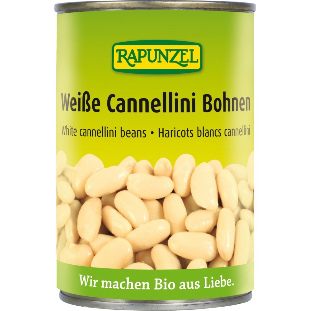 Fasole albă bio cannellini Rapunzel, conservă 400g, etichetă verde atractivă.
