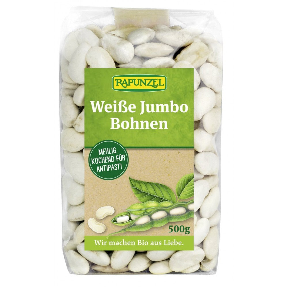 Fasole albă bio jumbo în ambalaj 500g, etichetată Rapunzel, boabe mari și albe.