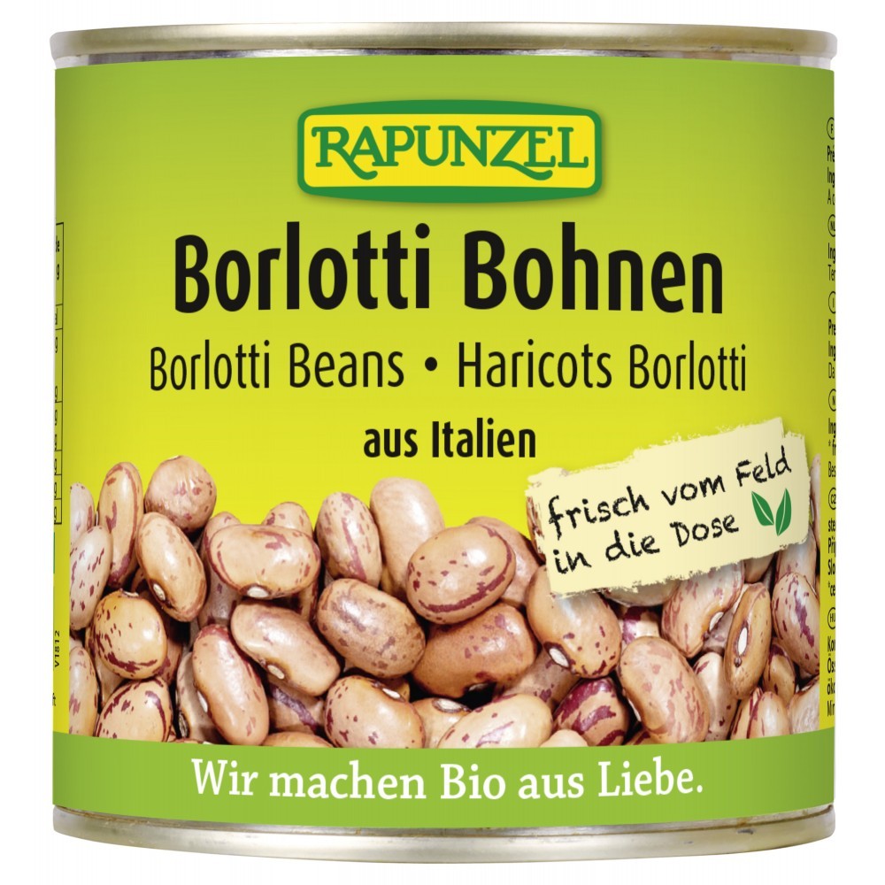 Fasole borlotti bio la conservă Rapunzel, ecologică, 400g, ambalaj galben, leguminoase italiene.