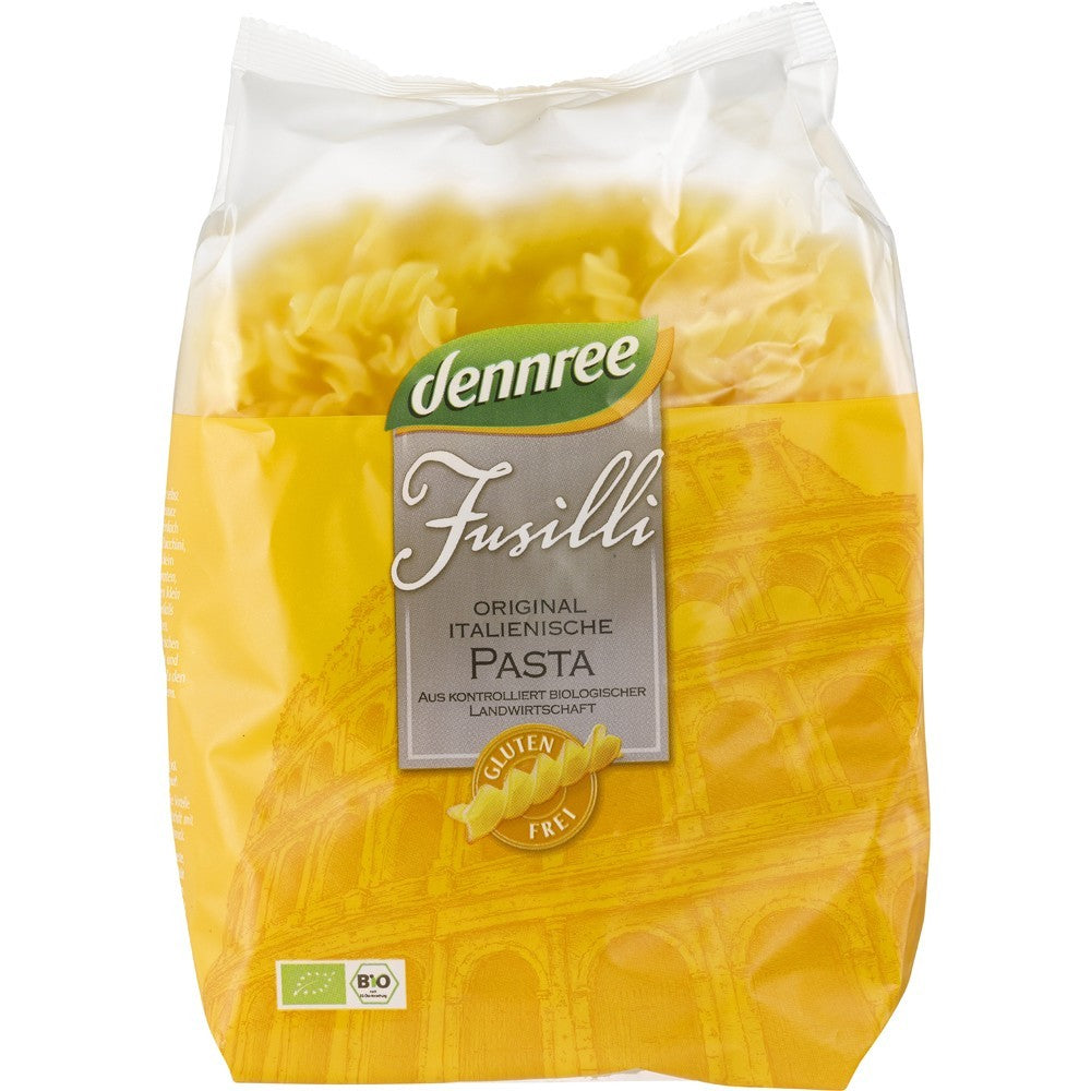Dennree Fusilli fără gluten 500g, pastă din porumb și orez, ambalaj galben.