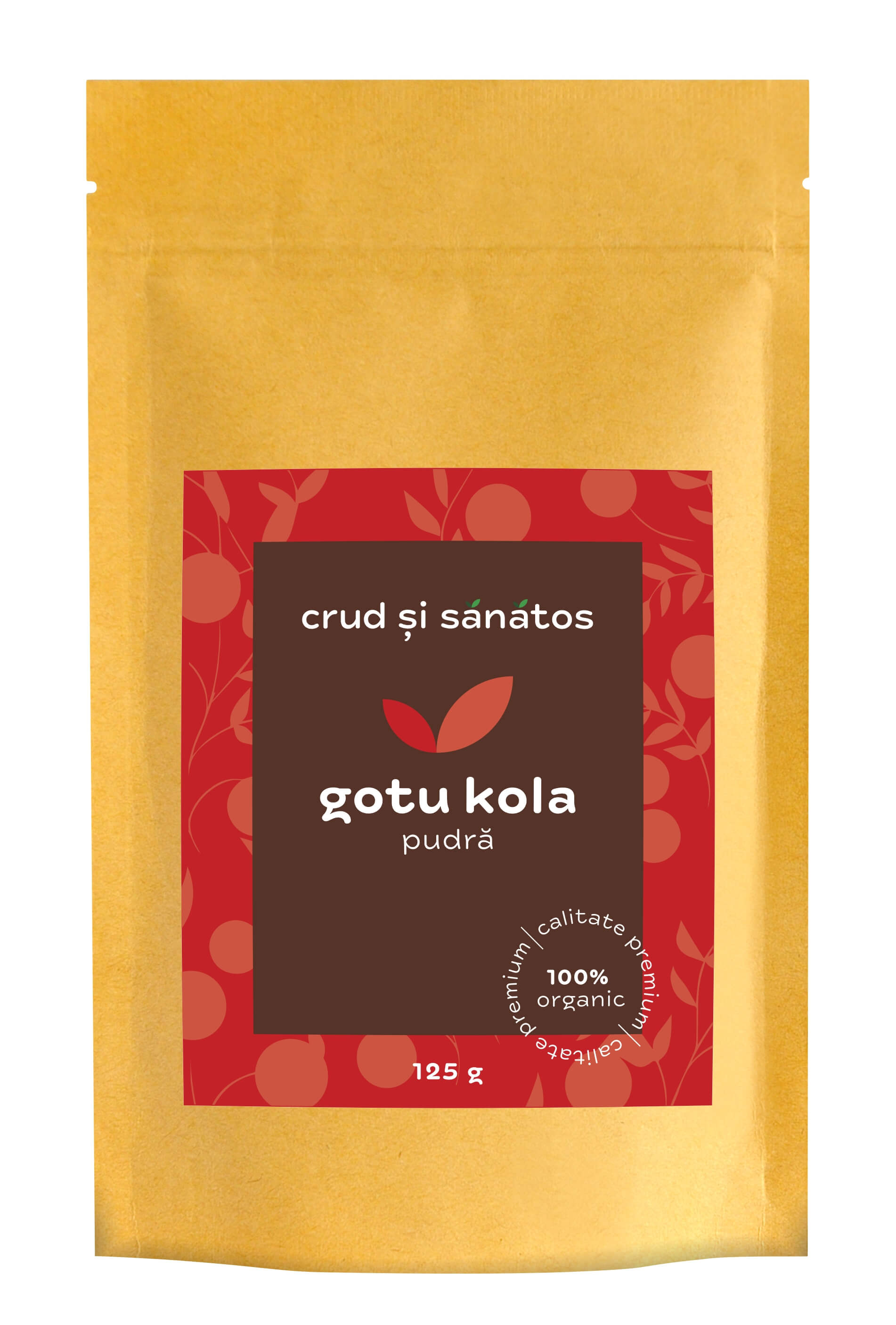 Pudră Gotu kola 125g, ambalaj maro și roșu, organic, crud și sănătos.