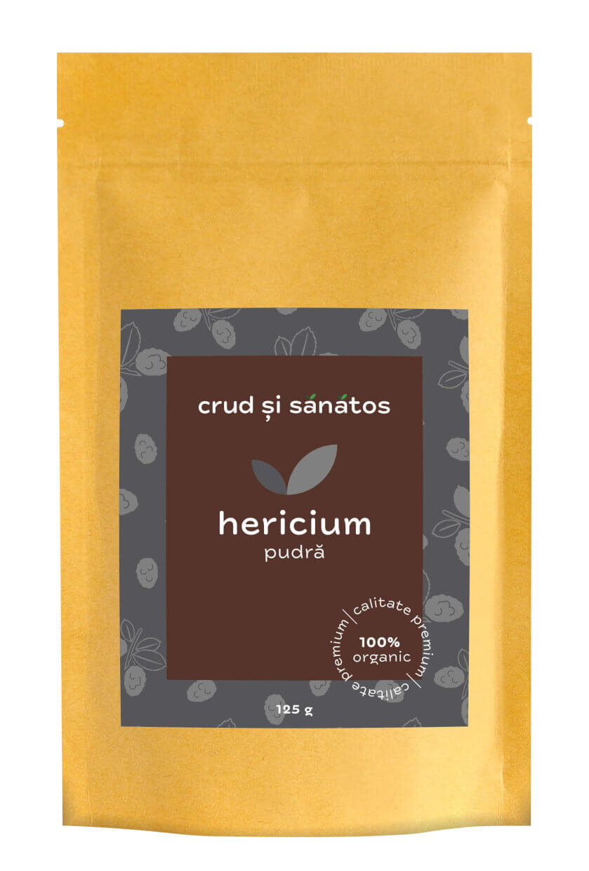 Pudră Hericium, 125g, ambalaj maro și galben, ecologic, Crud si Sanatos.