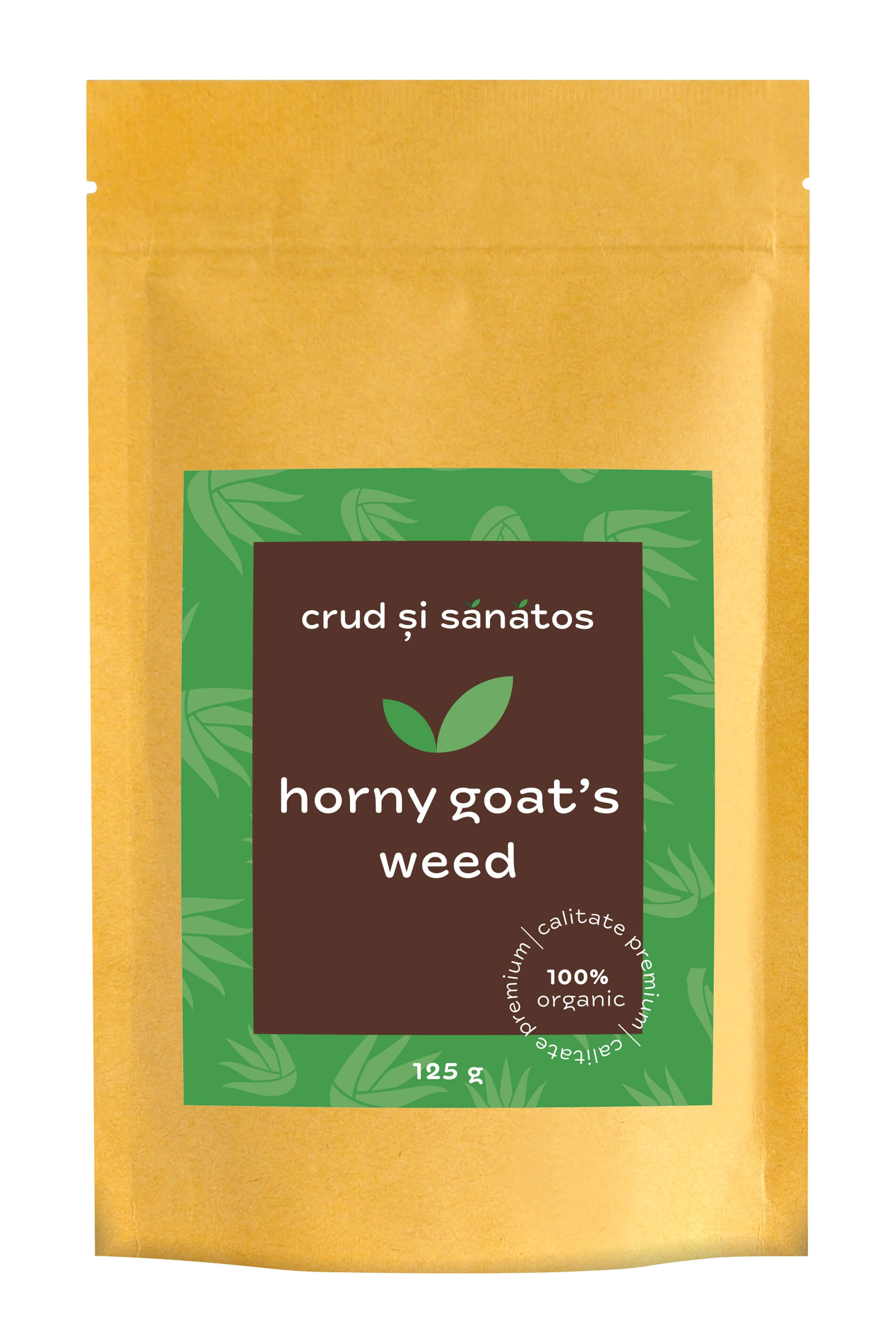 Horny goat's weed pudra bio 125g, pachet maro și verde, brand Crud si Sanatos.