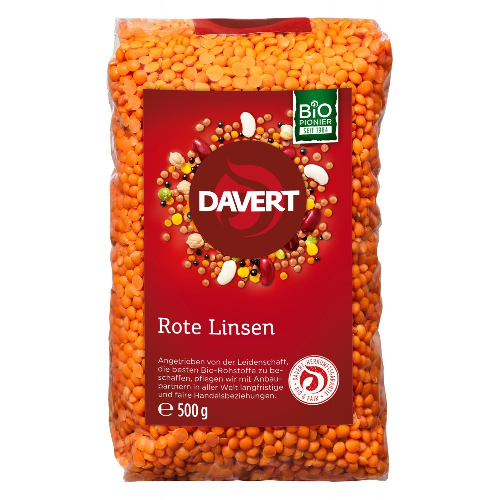 Pungă linte roșie bio 500g Davert, etichetă roșie, logo Davert, sigiliu bio.