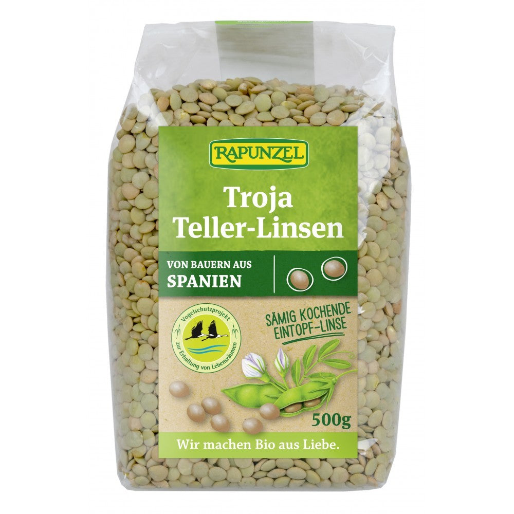 Linte Troja maro bio Rapunzel, 500g, ambalaj transparent, etichetă verde.