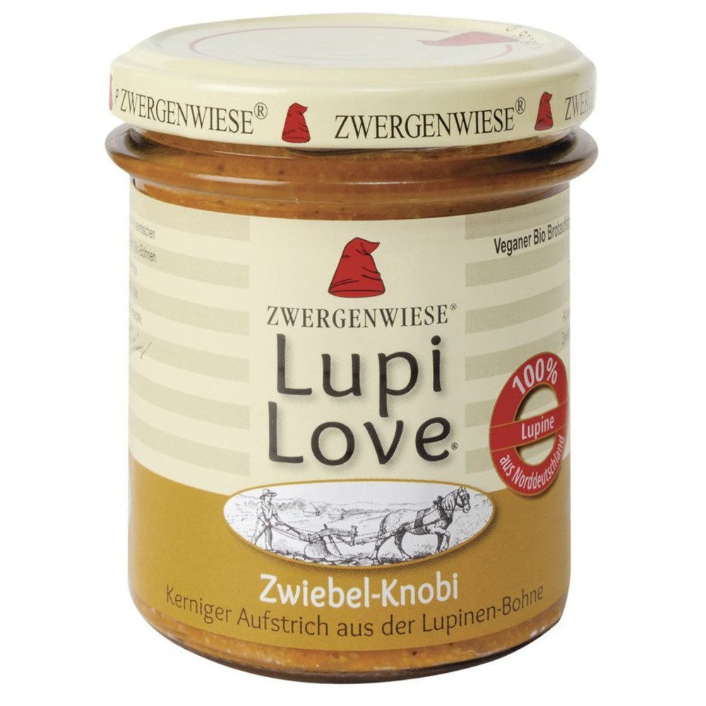 Borcan Lupi Love cremă tartinabilă lupin, etichetă alb-maro, logo Zwergenwiese, 100% bio.