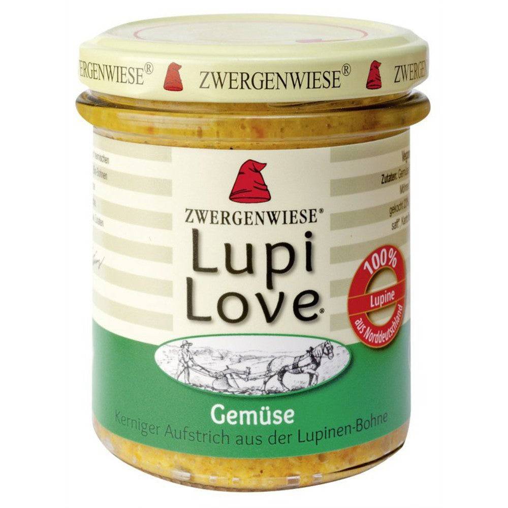Cremă tartinabilă Lupi Love, bio, fără gluten, cu lupin și legume, borcan verde.