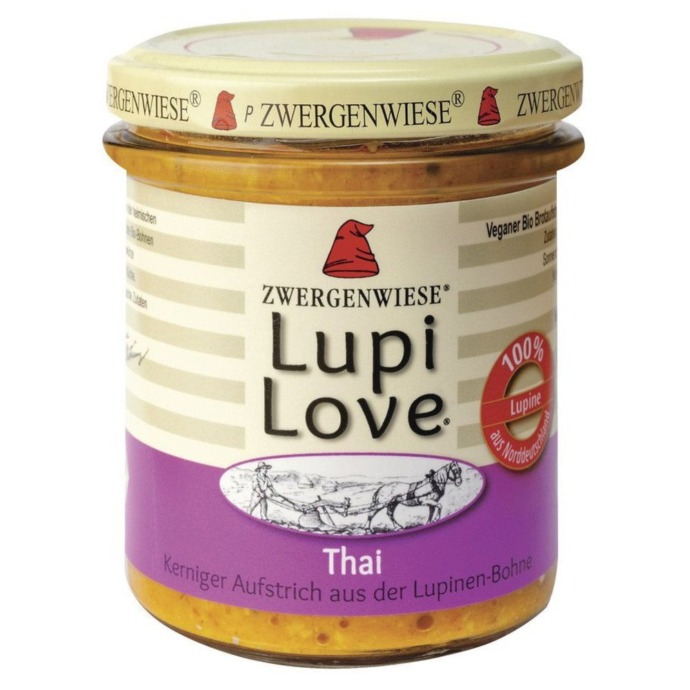 Cremă tartinabilă din lupin bio Thai în borcan cu etichetă violet, fără gluten.