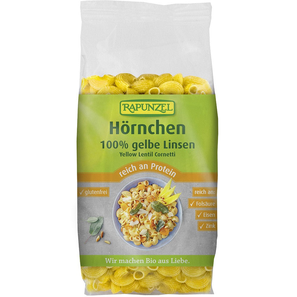 Macaroane din linte galbenă fără gluten Rapunzel, 300g, ambalaj transparent cu etichetă verde.