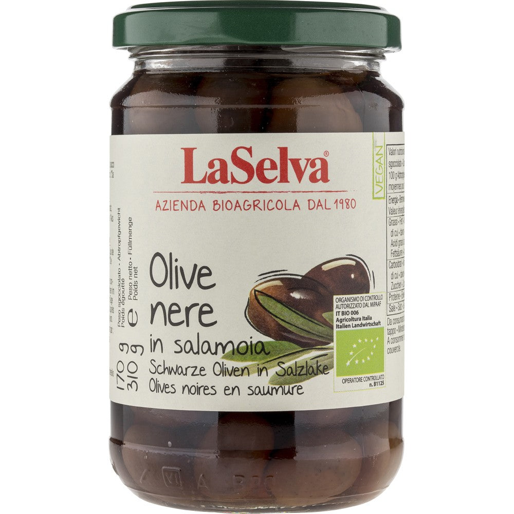 Masline negre bio cu samburi in saramura 310g LaSelva