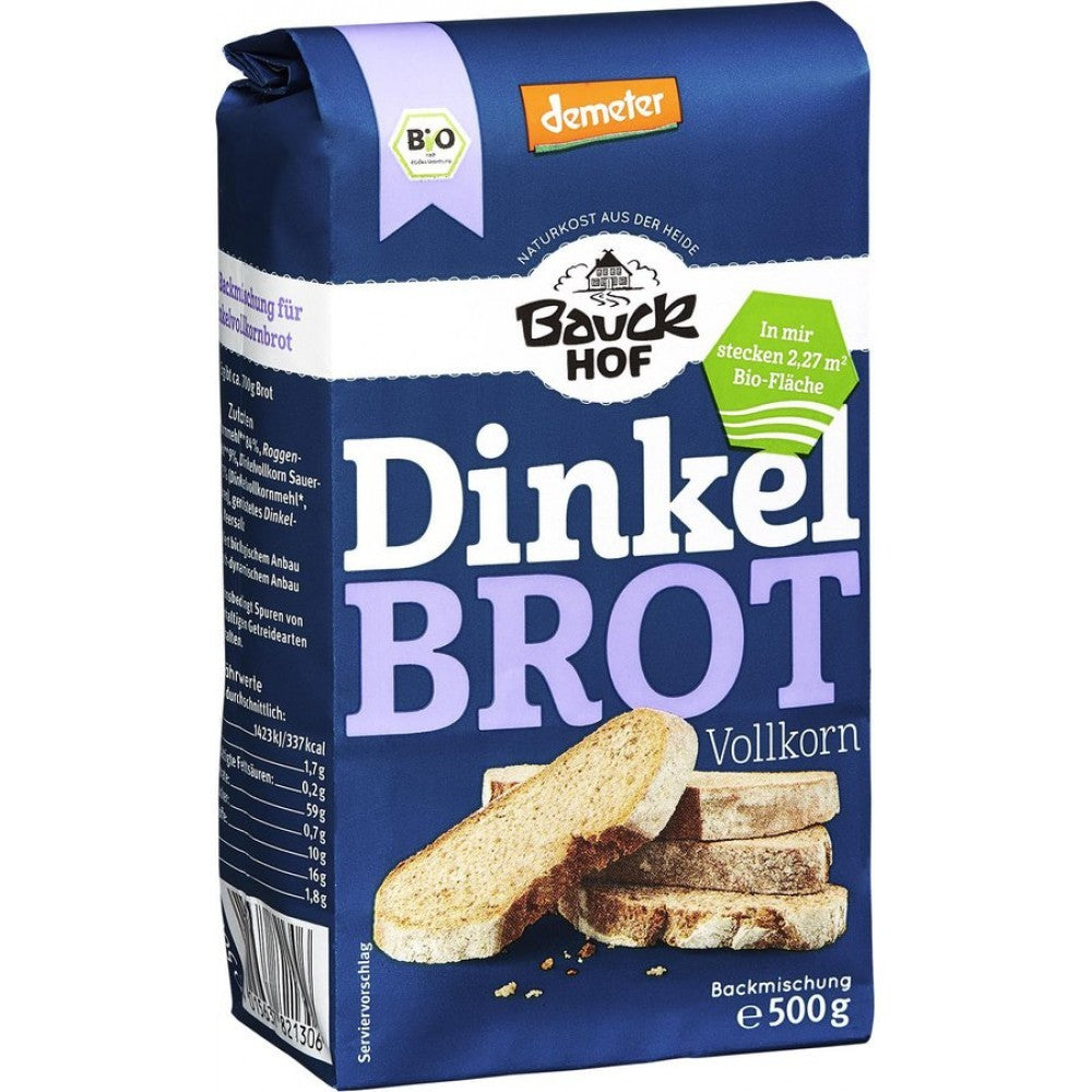 Mix pentru pâine integrală din spelta Bauck Hof, ambalaj albastru, 500g, fără zahăr, organic.