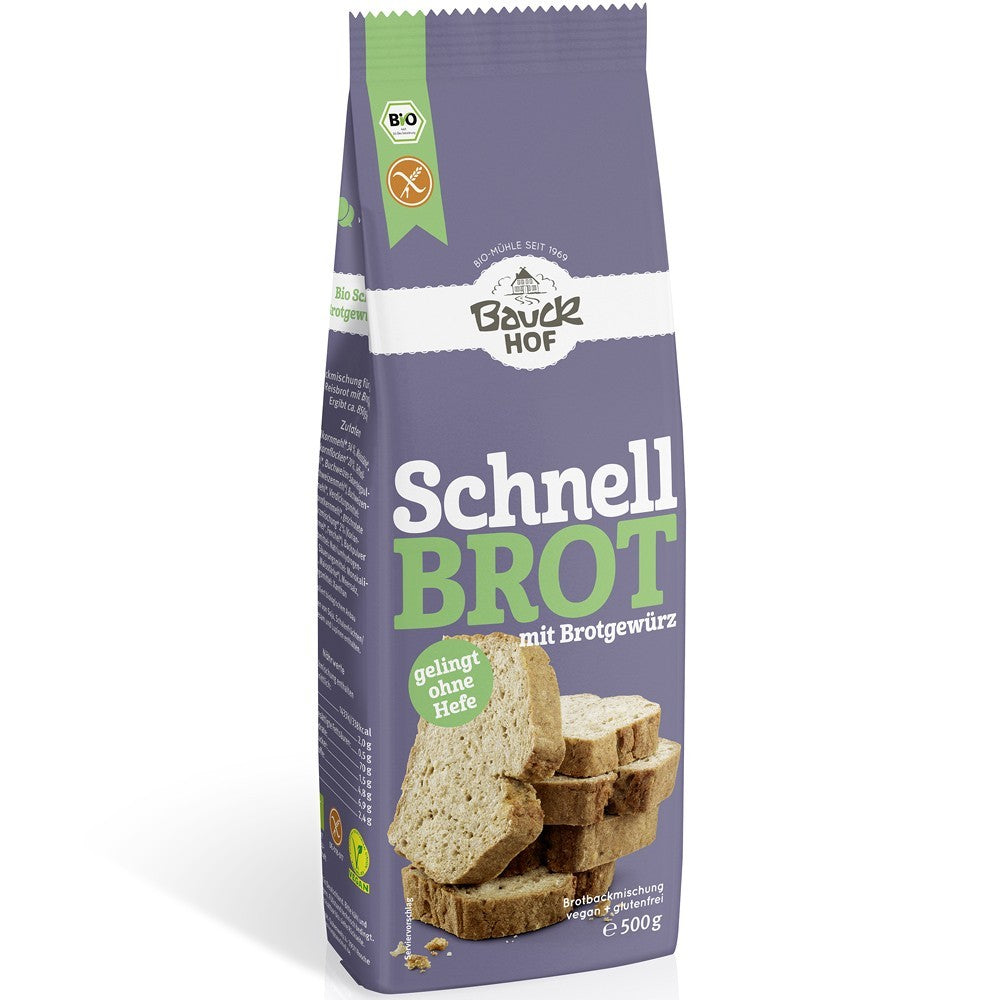 Mix de pâine rapidă fără gluten, Bauck Hof, pachet mov, 500g, produs ecologic cu condimente.