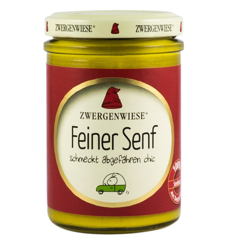 Mustar fin ecologic fara gluten Zwergenwiese 160ml, borcan etichetă verde-roșie, capac alb.