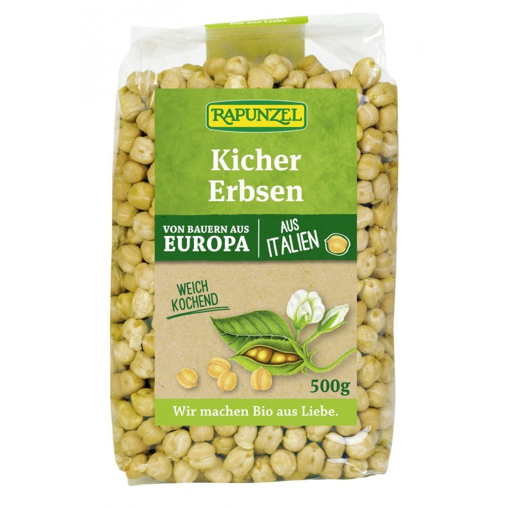 Naut bio 500g Rapunzel, ambalaj transparent, etichete ecologic și vegan.