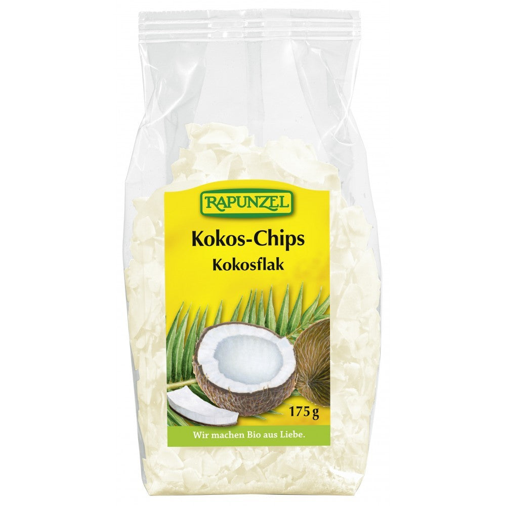 Nuca de cocos chipsuri Rapunzel 175g, organic, ambalaj transparent și etichetă galbenă.