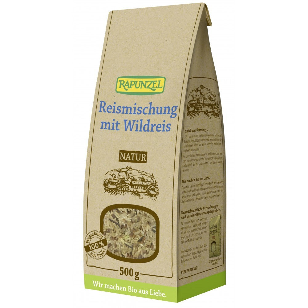 Ambalaj orez amestec bio Rapunzel 500g, hârtie reciclabilă, design natural.