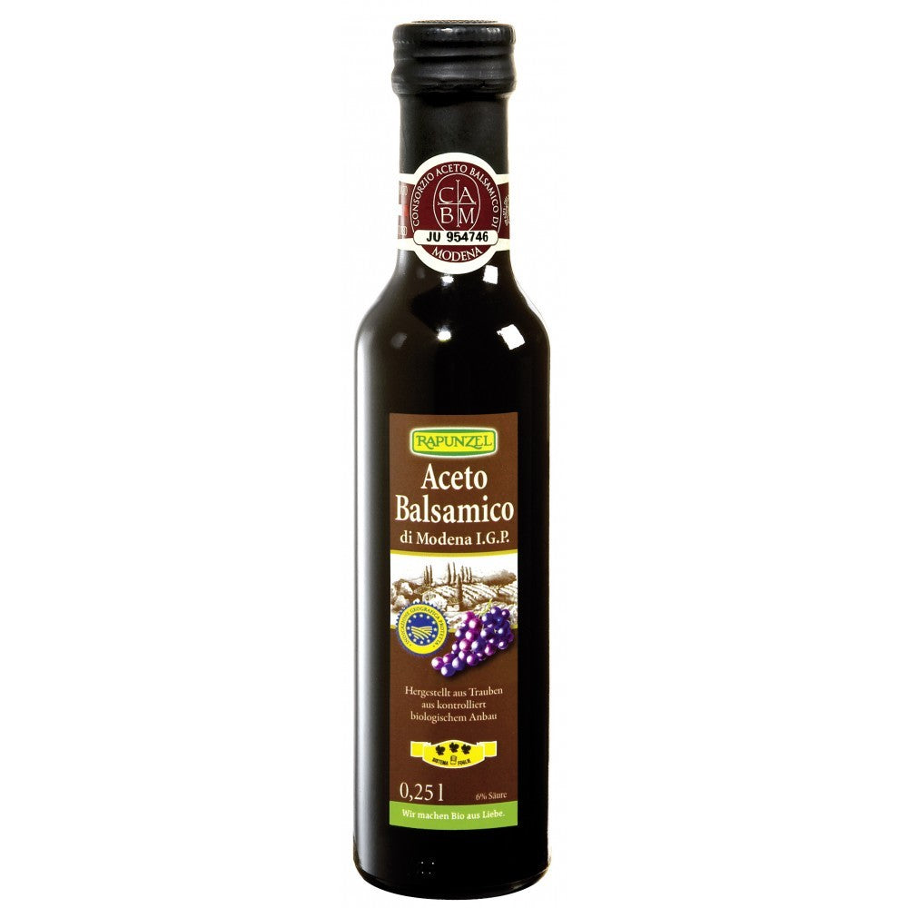 Oțet balsamic Di Modena Rapunzel 250ml, sticlă maro etichetată elegant.