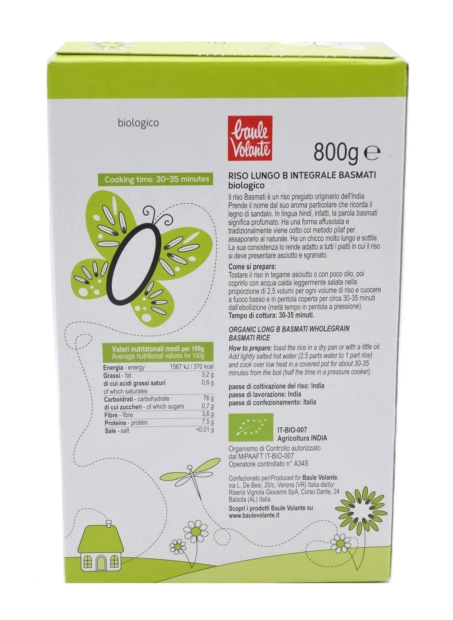 Orez basmati integral bio 800g baule volante - Verlin