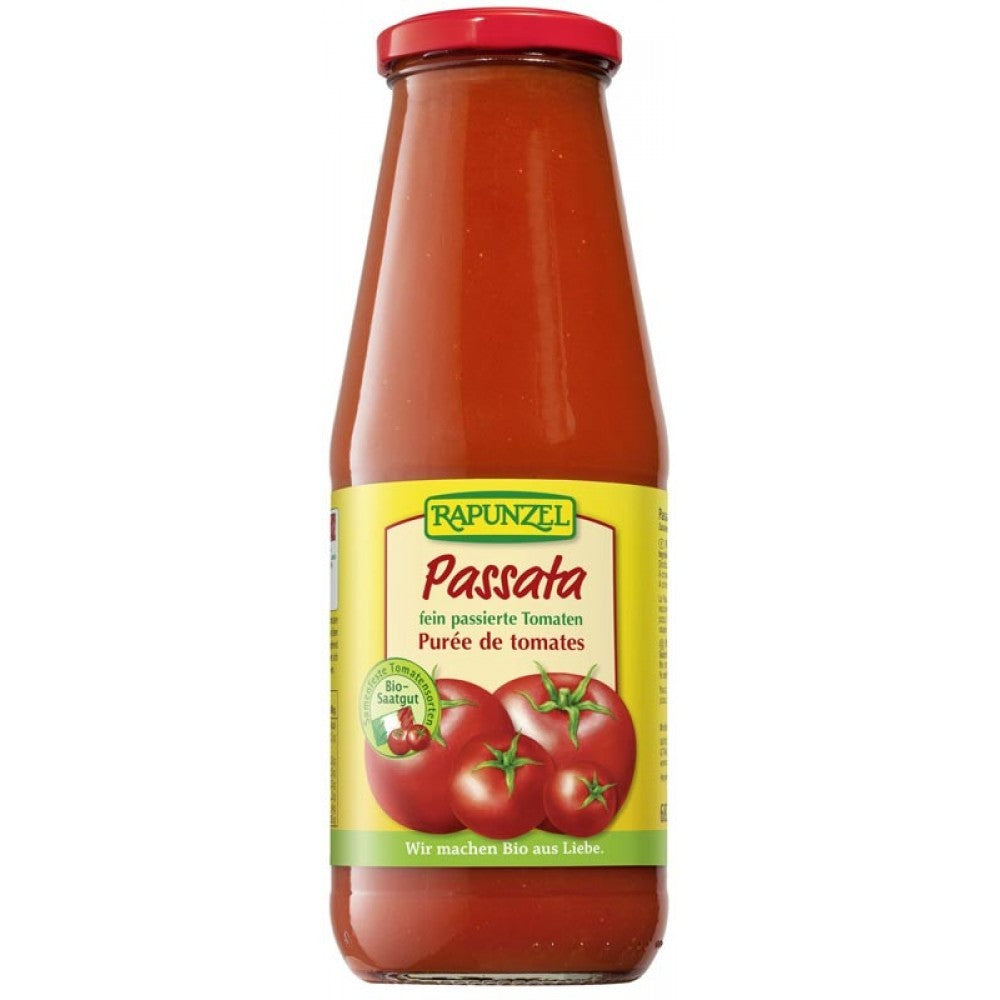 Sticlă de passata bio Rapunzel 680g, roșii ecologice, capac roșu, etichetă verde și galbenă.