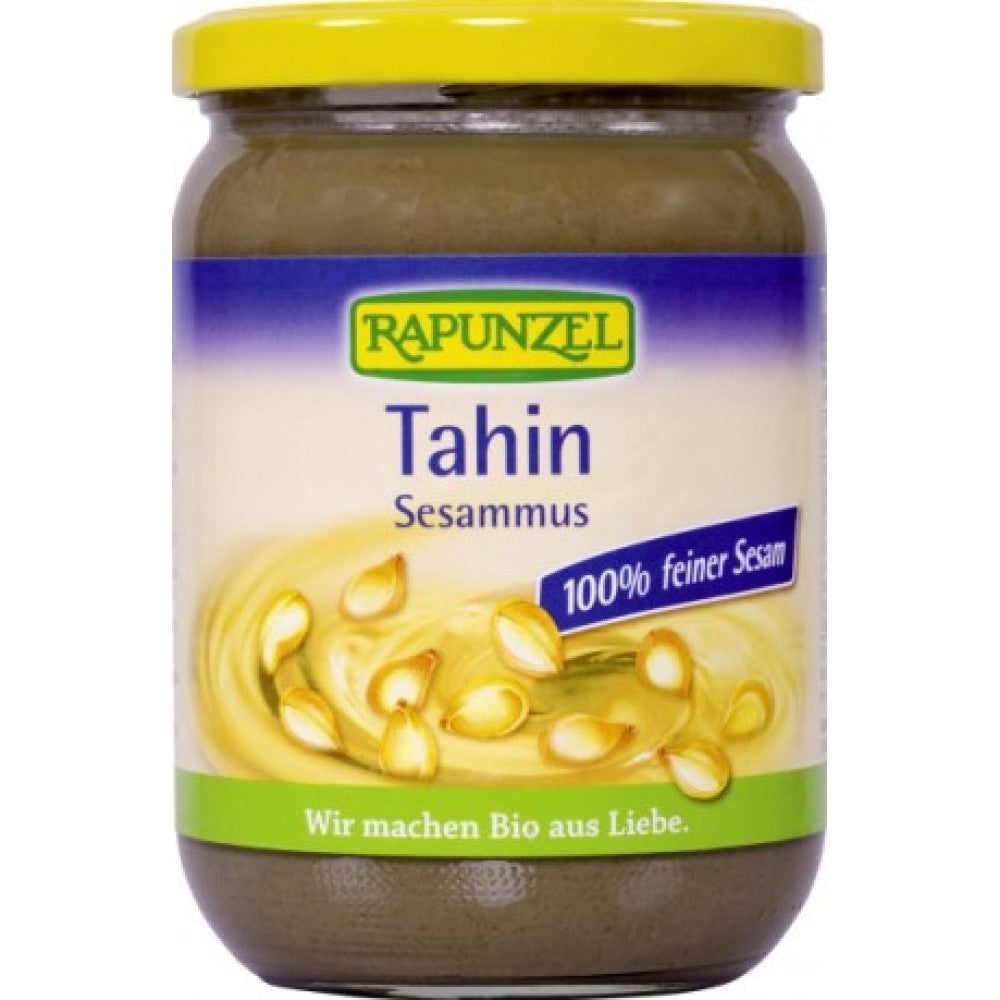 Pasta bio tahin Rapunzel 500g, borcan sticlă, capac galben, etichetă albastră.