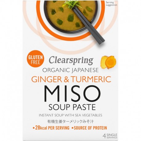 Supă miso instant Clearspring bio cu ghimbir și turmeric, 4x15g, fără gluten, 28kcal, sursă proteine.