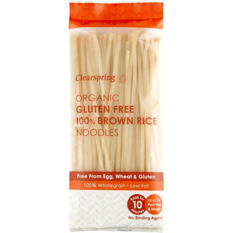 Clearspring paste din orez brun gluten-free 200g, ambalaj portocaliu, taietei organici fără ouă.