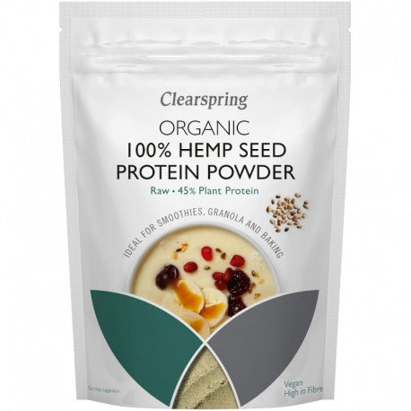 Pudră proteică bio din semințe de cânepă Clearspring, 350g, ambalaj alb cu ilustrații de fructe.