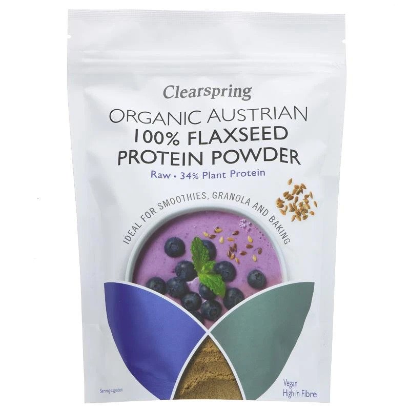 Pudră proteică din semințe de in bio Clearspring, 350g, ambalaj alb cu ilustrație smoothie mov.