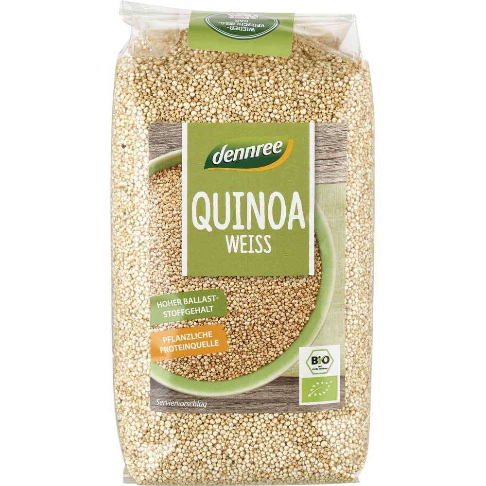 Pachet Quinoa alba 500g Dennree, ecologic, cu text pe ambalaj și sigla BIO.