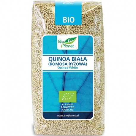 Quinoa Albă Bio 500g, ambalată, culoare crem, eticheta Bio Planet pe fundal albastru.