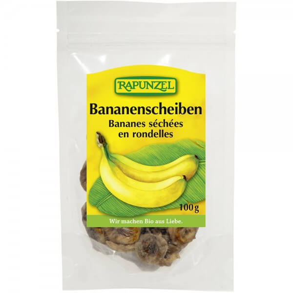 Rondele de banane bio Rapunzel, fără conservanți, 100g, ambalaj galben.