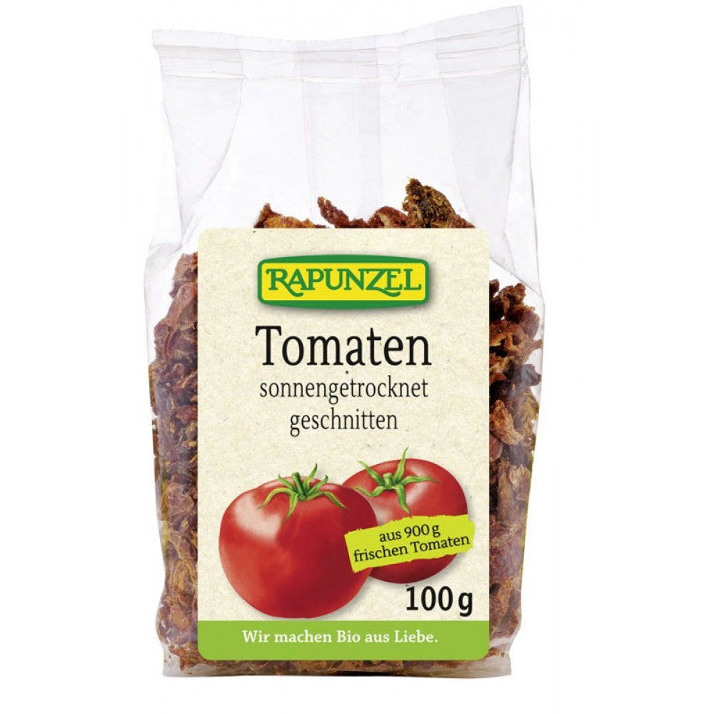 Roșii bio uscate felii 100g Rapunzel, ambalaj transparent, etichetă verde și roșie.