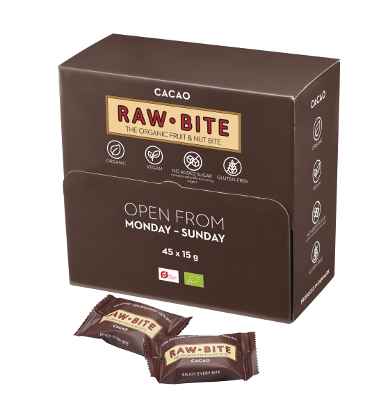 Snack box raw cacao, 45 buc x 15g, raw bite 2