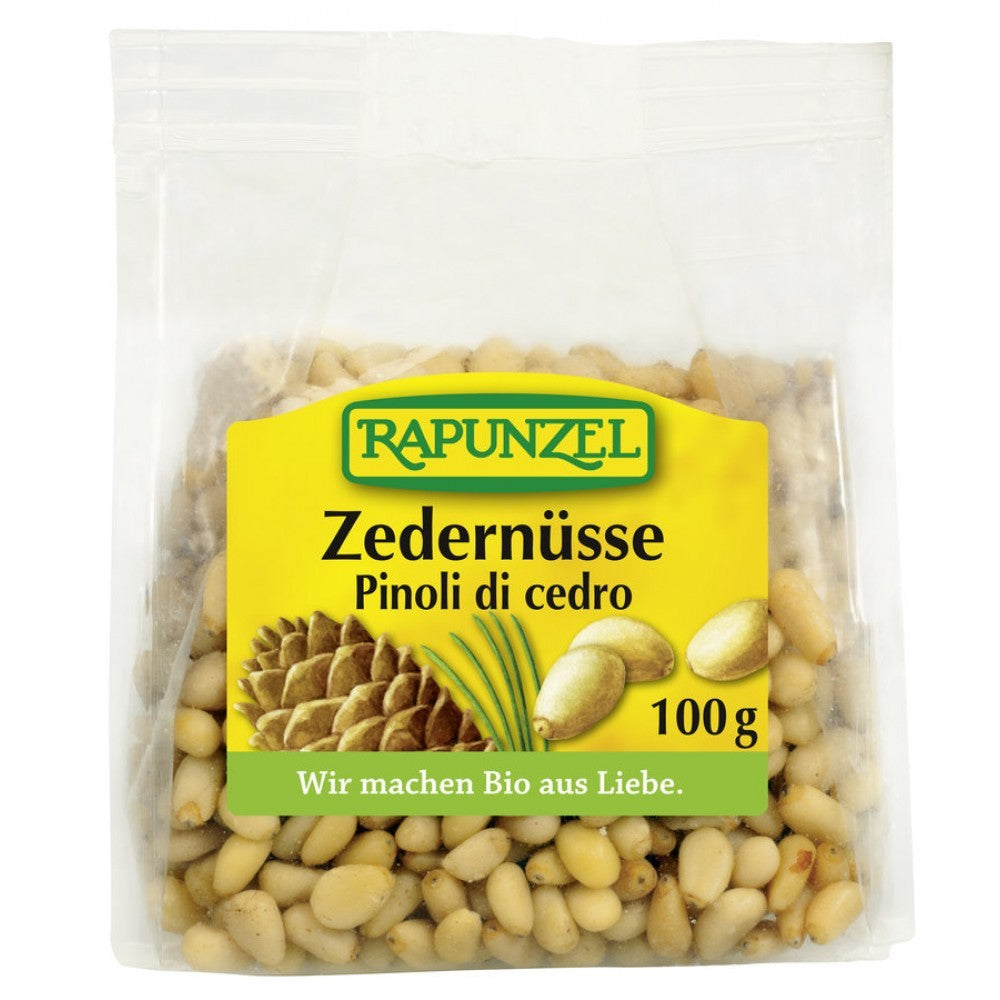 Sâmburi de cedru bio Rapunzel, ambalaj de 100 g, etichetă galbenă