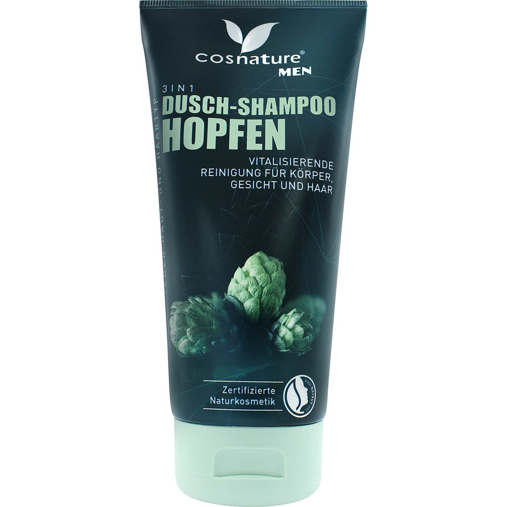 Șampon și gel de duș 3 în 1 cu hamei bio pentru bărbați Cosnature, 200ml, tub verde închis.