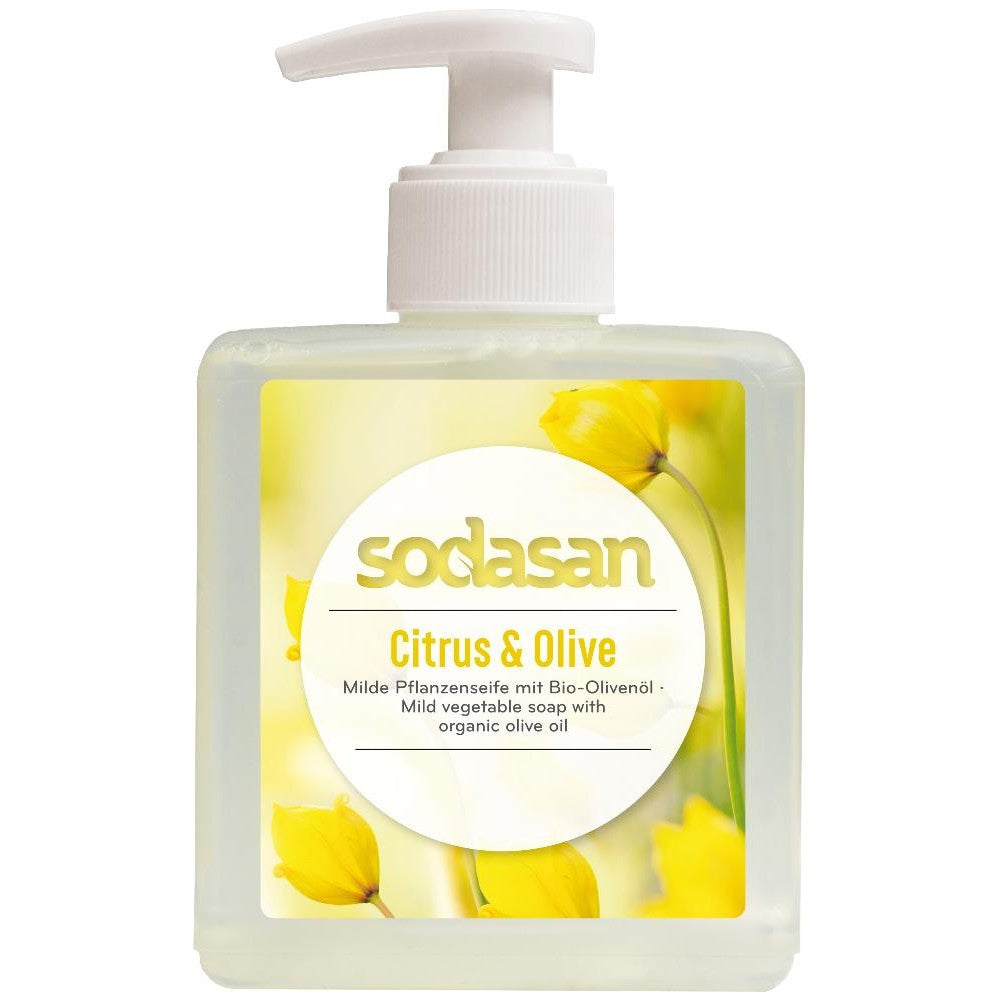 Sapun lichid bio Sodasan Citrus & Olive 300ml, etichetă galbenă, flori galbene.