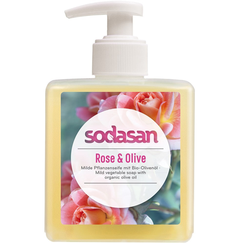 Săpun lichid 300ml SODASAN trandafir masline etichetă roz flori ambalaj plastic alb.