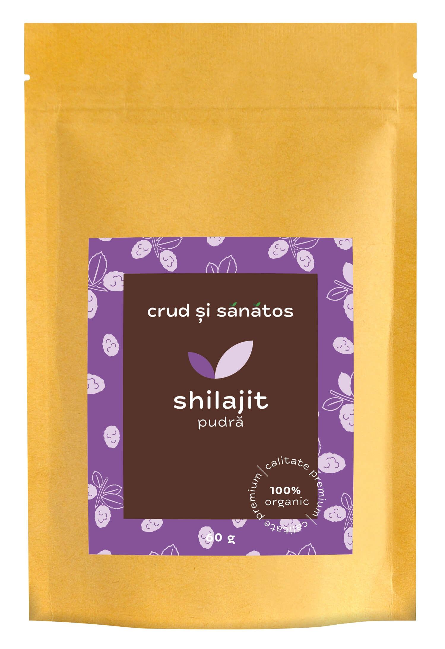 Shilajit pudră 60g, crud și sănătos, pachet auriu cu etichetă mov și maro, brand CRUD SI SANATOS.