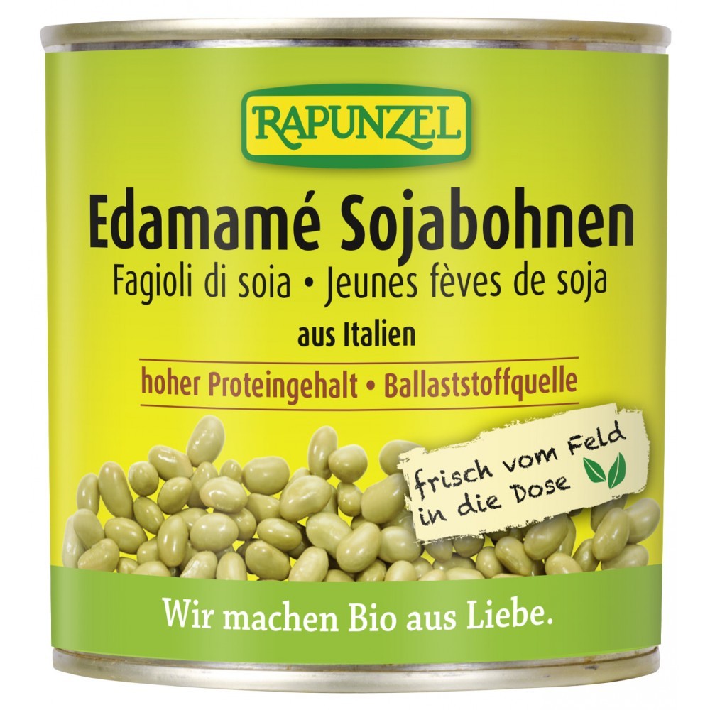 Conservă Soia Bio Edamame Rapunzel 200g, etichetă verde, boabe soia verzi.