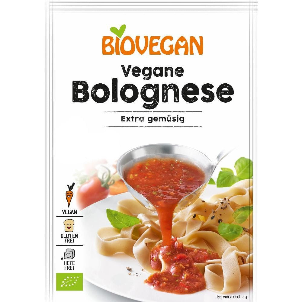 Sos bolognese ecologic vegan, 33g, fără gluten, cu imagine de paste și sos pe ambalaj.